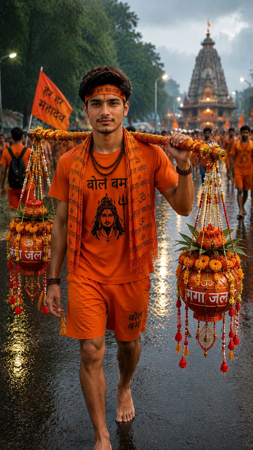 AI generated rainy Sawan Kanwar Yatra photo of a devotee carrying decorated Kanwar on a wet road toward a Shiva temple